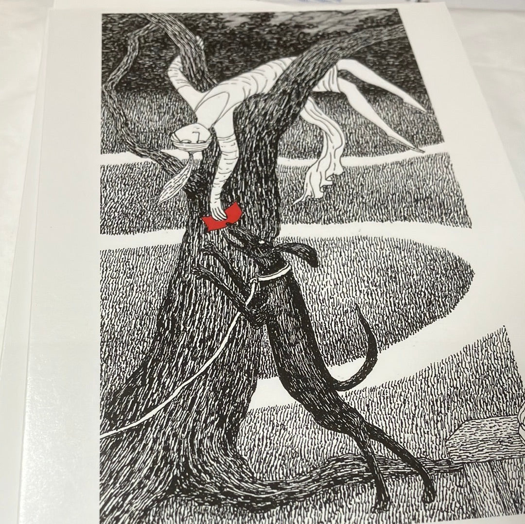 Card - 6356 Edward Gorey Lady in a tree with red letter and dog