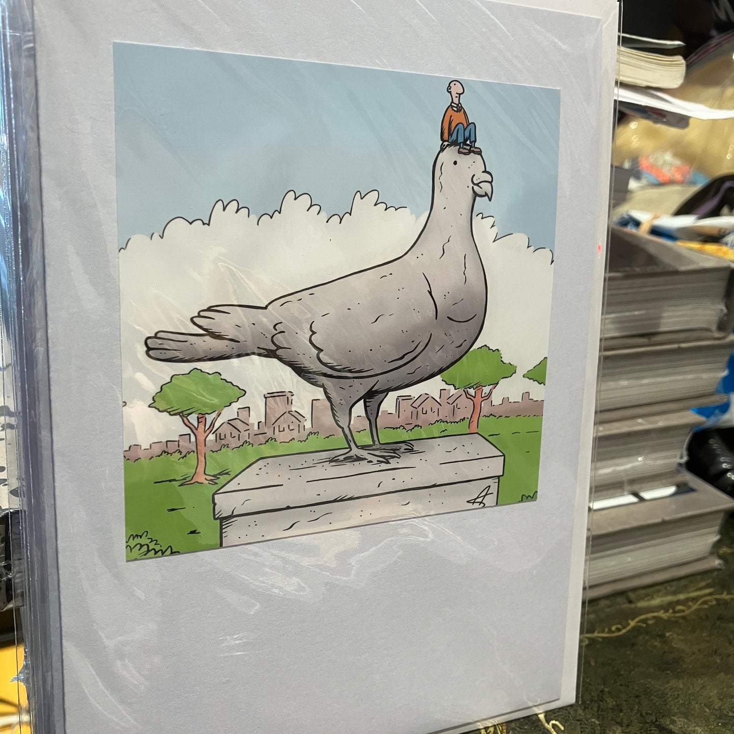 Card - Anthony Smith Pigeon with Man on Head