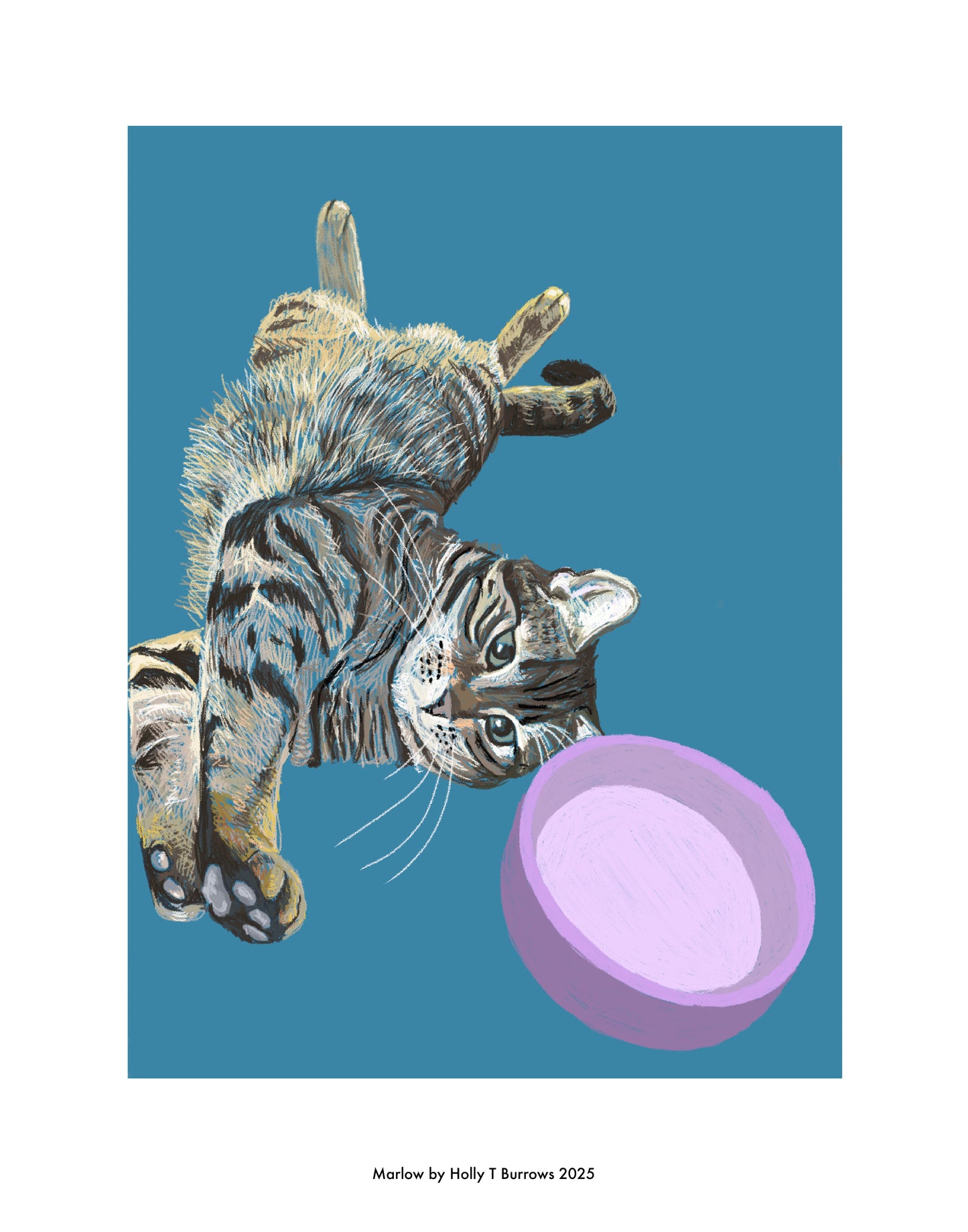 A sketch of a cat looking at an empty purple bowl, with a blue background, part of a series of work for a 'Cats in Cartoons' exhibition.
