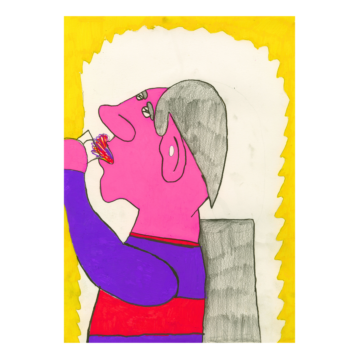 Print - Evan Bond Print 1 Purple and Red jumper drinking