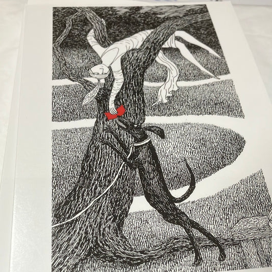 Card - 6356 Edward Gorey Lady in a tree with red letter and dog