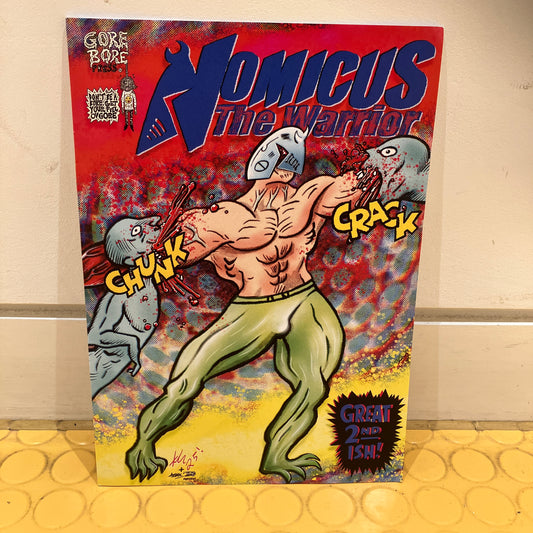 Comic book cover featuring a muscular character with a grey creature on a red background
