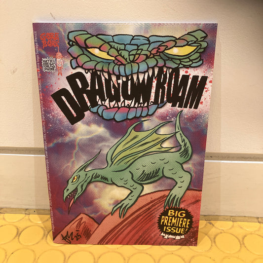 Comic book cover with a dragon illustration and colourful text on a textured surface.