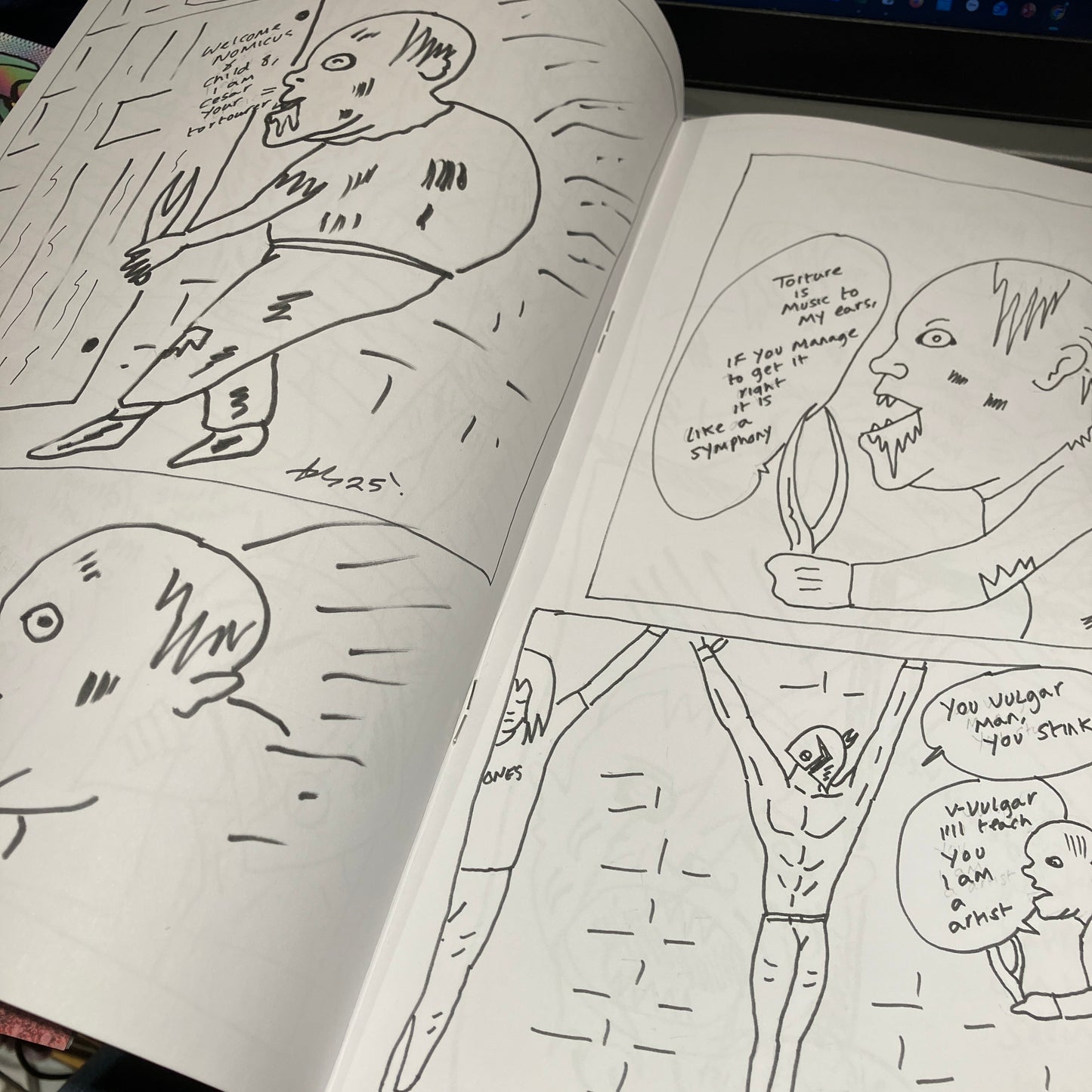 Open book with illustrations of people in a graphic novel style.