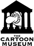 The Cartoon Museum logo which is a cartoon man with a big nose looking out of some Roman style pillars which are part of a building